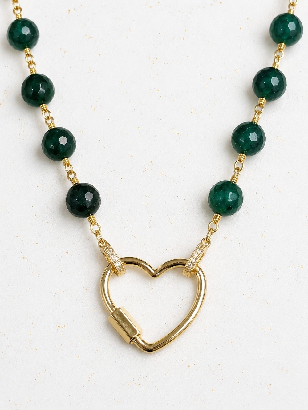 Emerald Green Jade Heart Carabiner Necklace 24K Gold Plated 17"+2" Charm Ready